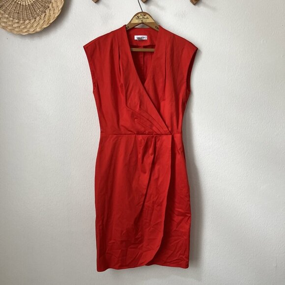 90s Calvin Klein red sleeveless sexy deep v wrap dress stretch knee length 2 - Picture 2 of 7